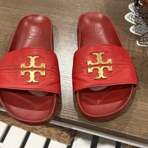 Tory Burch Red Leather Slide Sandals with Gold Logo Accent
